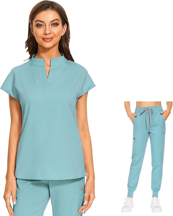 VIAOLI Women's Scrubs Set V-Neck Scrub Top with Jogger Pant and 8 Pockets for Nursing and Clinical Work Uniform