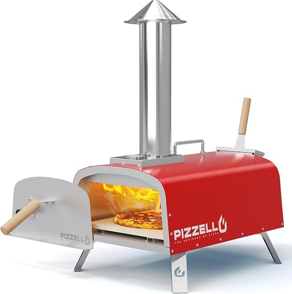 PIZZELLO 12" Outdoor Pizza Oven, Multi-fuel Stainless Steel Pizza Grill | Propane & Wood Pizza Oven with Gas Burner, Wood Tray Pizza Stone, Pizza Peel, Carry Bag for Outside, Garden, Backyard, Red