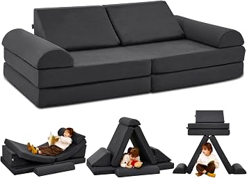 jela Kids Couch Safety Certified Play Couch Soft Kids Sofa with Machine Washable Cover Thick Foam Fort Building Set for Playroom Indoor (57"x28"x18", Charcoal)
