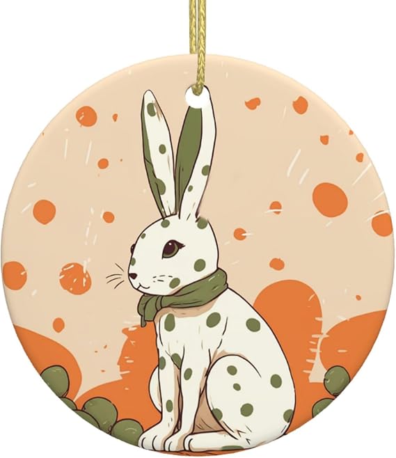 Christmas Ornaments Ceramic Ornament with Gold Ribbon Green Polka Dot Rabbit Christmas Tree Ceramic Hanging Round Ceramic Ornaments for Christmas Holiday Halloween
