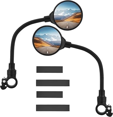 QWORK Bike Mirror Handlebar Mount, 2 Pack Adjustable Rotatable Rear View Mirror with Wide Angle Lens, for Mountain & Road Bikes Black