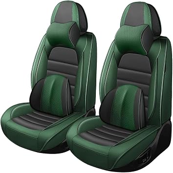 Car Seat Covers Nappa Leather Universal Seat Covers for Cars Waterproof Auto Interior Front Car Seat Protectors Auto Seat Covers Fit for Most Cars Sedans SUVsFront with Pillow,Black&Green