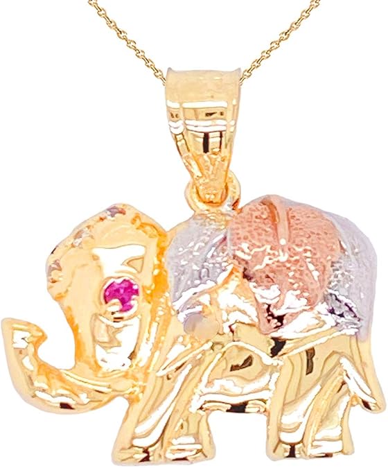 Animal Kingdom Certified 14k Gold Designer Red-Eyed CZ Elephant Pendant Necklace