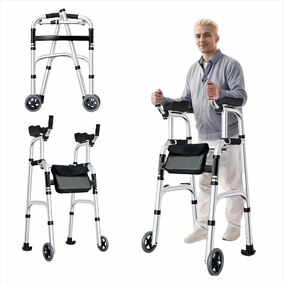 Folding Walker with Armrest Pad Upright Walker for Seniors, Standing Mobility Aid for Indoor & Outdoor, 300lb Weight Capacity, Height Adjustable (Silvery)