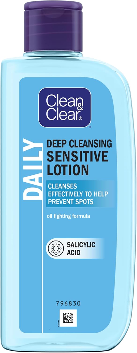 Clean & Clear Deep Cleansing Lotion for Sensitive Skin 1x 200ml, Clean and Clear Facial Cleanser with Salicylic Acid to Deeply Clean, Remove Dirt and Oil, Help Prevent Spots