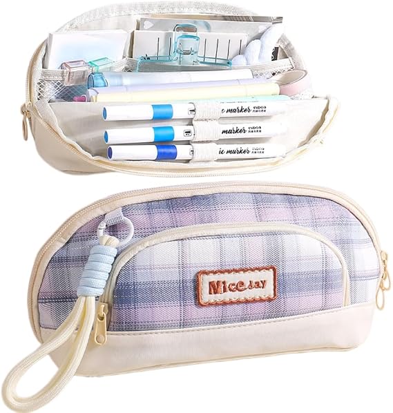 Magnetic Standing Grid Pencil Case, Multifunction Plaid Kawaii Pencil Bag with Handle, Large Capacity Cute Pencil Pouch, Sturdy Stand-Up Design Pencil Box (Light Blue)