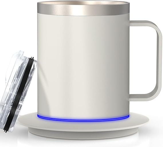 Smart Temperature Control Coffee Mug for Desk,Heated Cup with 10Hrs Auto Shut Off, USB Powered Mug Warmer Set (12oz-Ivory White)