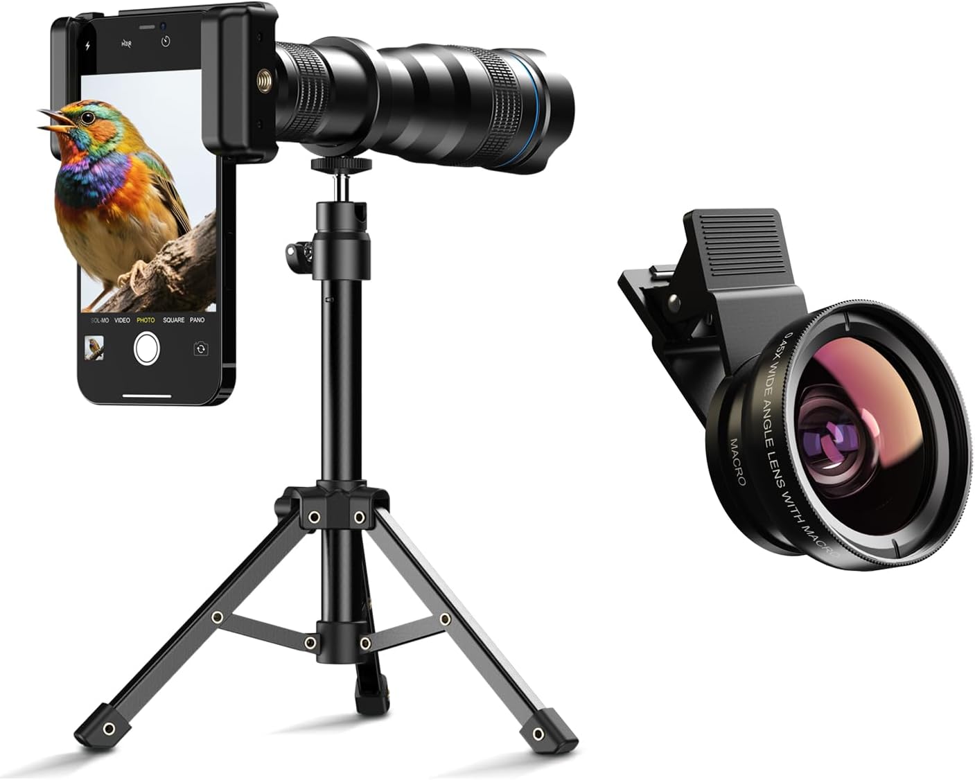 Apexel 36X HD Telephoto Lens with Tripod, 0.45X Wide Angle 140° and 12.5X Macro Lens for iPhone Wilderness Recording, Camping and Travel Photography, Great Portable Combo for Wilderness Adventures