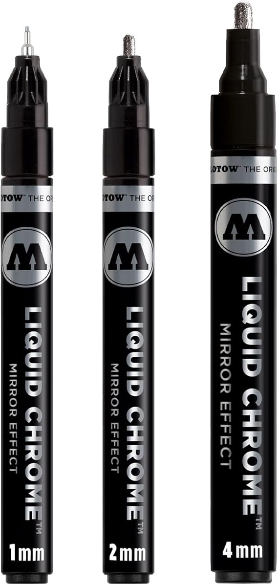 Molotow Liquid Chrome Marker Set of 3 Special Ink with Mirror Effect Line Width 1 mm 2 mm and 4 mm Made in Germany Chrome