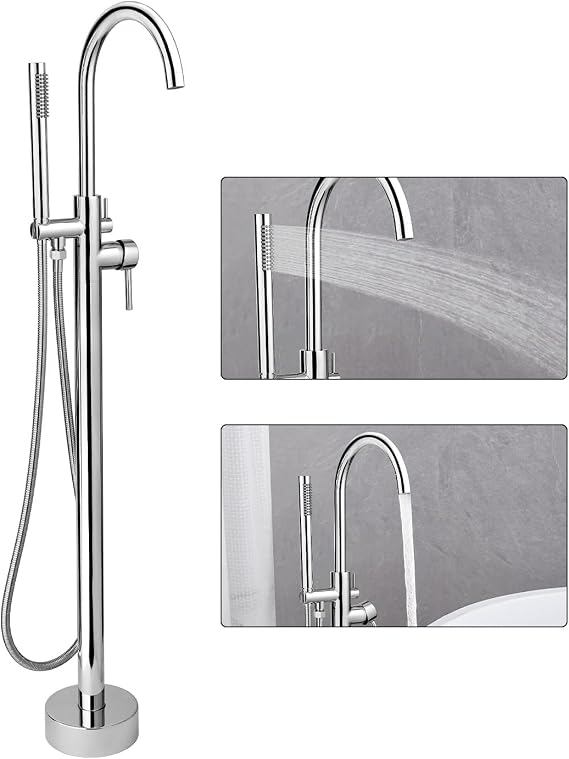 Free Standing Tub Taps, Floor Mount Freestanding Bath Tap, Brass Stand Alone Bathtub Filler, High Flow Bathtub Shower Mixer Tap | No shaking, rust-resistant, high flow, 360 swivel, certified healthy and safe