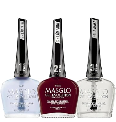 MASGLO GEL EVOLUTION Nail Polish Gel Effect, No UVLed Lamp, Duration Up to 12 days, 3 PCs -Base, Esmalte Fiesta, Brillo - Efecto Gel sin necesidad de UVLed, hasta 12 dias de duracion 0,5 Fl. Oz.