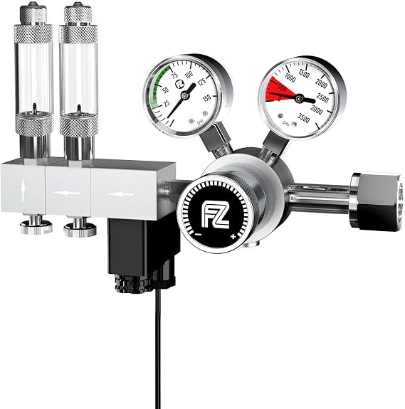 FZONE Pro Series Aquarium Dual Stage CO2 Regulator Adjustable Output Pressure with DC Solenoid and Integrated High Precision Needle Valve and Bubble Counter