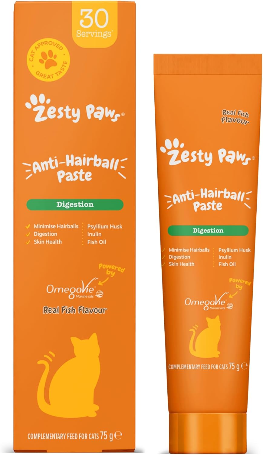 Zesty Paws Anti-Hairball Paste for Cats | Minimises Hairballs, Aids Digestion, Supports Skin & Coat Health | Contains Fish Oil, OmegaVie, Psyllium Husk, Inulin, Malt Extract | Real Fish Flavour | 75g