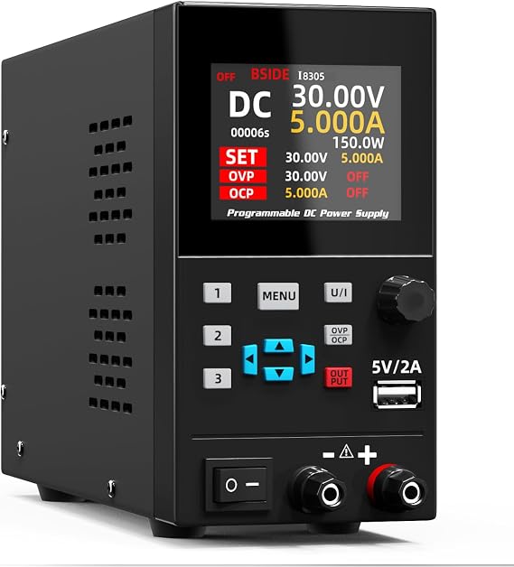 BSIDE DC Power Supply Variable 30V 5A Adjustable Switching Regulated Lab Power Supply Small Bench Power Supply with USB Encoder Knobs and Arrow Keys DC Output Power Supply