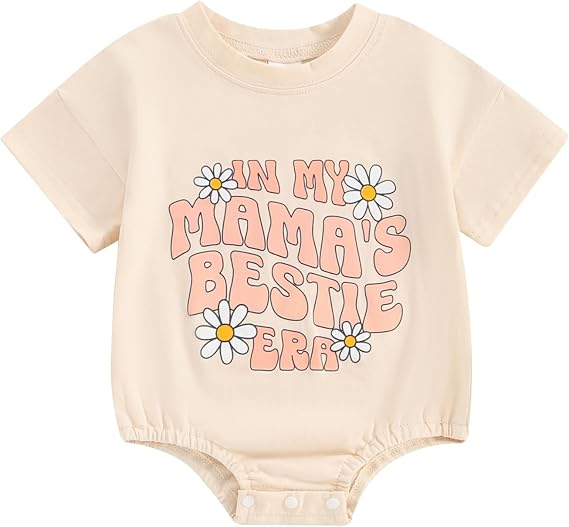 Newborn Baby Girl Outfits In My Mamas Bestie Era Romper Shirt | Daisy Short Sleeve Bubble Romper Bodysuit, Summer Clothes