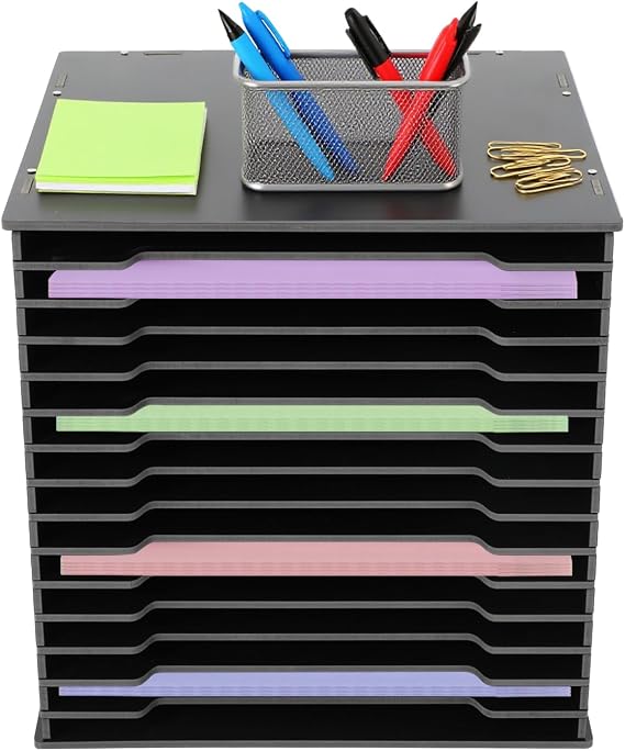 Scrapbook Paper Organizer 15 Slot Paper Storage Rack, PVC File Sorter Storage for 12x12 Cardstock, Adjustable Desktop Organizer Shelf for Craft Room, Office, Studio, Home (Black)