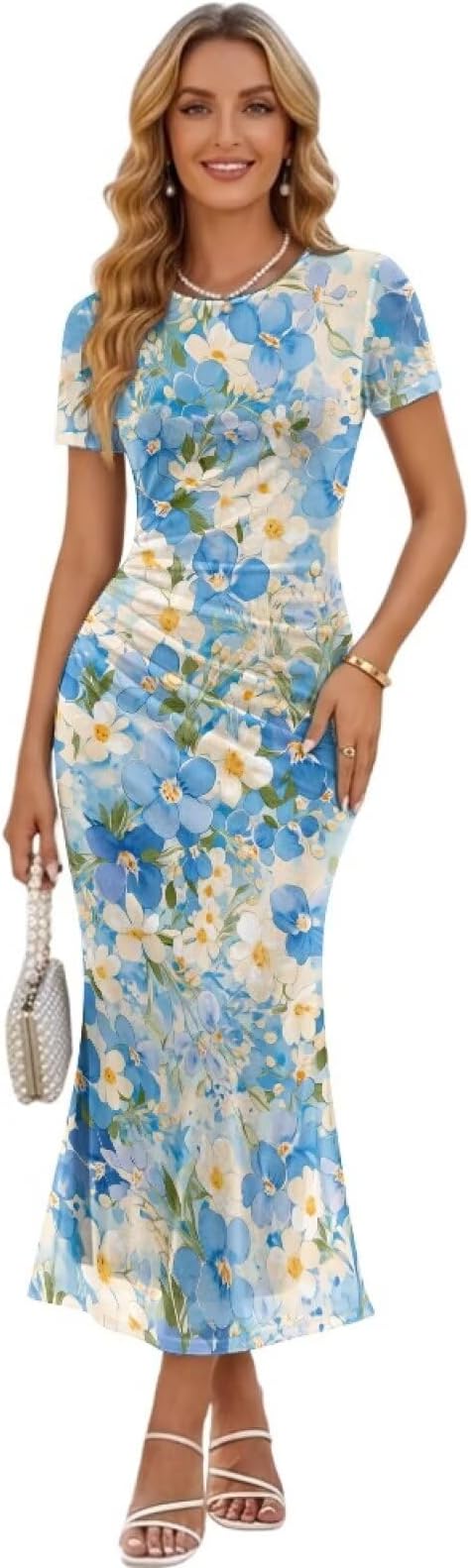 Women's Summer Mesh Short Sleeve Maxi Ruched Bodycon Dress Elegant Evening Party Cocktail Dresses XS-3XL