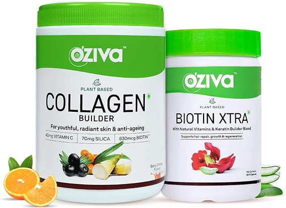 OZiva Plant Based Collagen Builder for Glowing & Youthful Skin | Collagen Powder for Women & Men | With Biotin, Silica & Vitamin C (Collagen Berry Orange + Biotin Xtra)