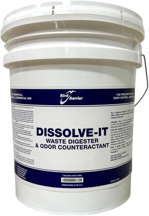 Bird Barrier Dissolve-It Concentrate, Bird Poop Remover for Concrete, 5 Gal | 1:1 concentrate makes 2 gallons per gallon, ideal as a bird poop remover for concrete, decks & docks.