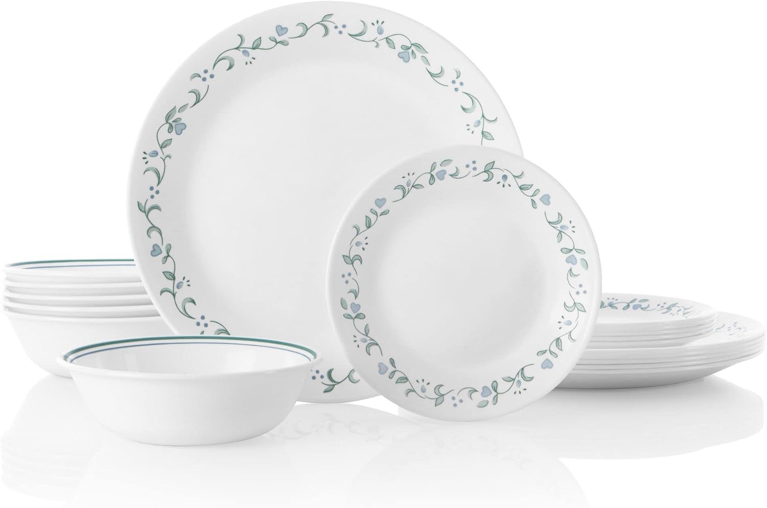 Corelle 18-Piece Dinner Set, Country Cottage, Blue and White Service for 6, Chip Resistant Dinnerware, Includes 26cm Dinner Plates, 17cm Salad/Side Plates and 530ml Soup/Cereal Bowls