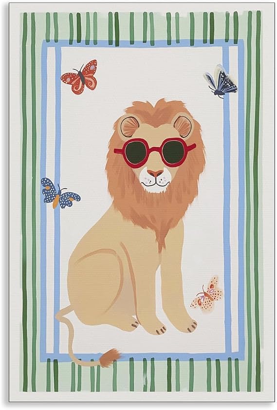 Safari Nursery Canvas Wall Art, Cute Jungle Animal Lion Poster for Kids Room, Colorful Butterfly and Insect Picture Prints, Blue and Green Neutral Wall Decor for Baby Playroom 12x16in Unframed