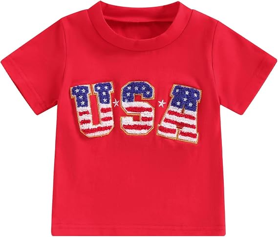 Bonangber Toddler Baby Boy Girl 4th of July Outfit USA Embroidery American Flag Shirt Fourth of July Summer Clothes