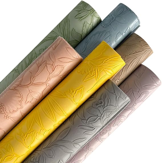 ONEART | 7 Pcs Floral Embossed Faux Leather Sheets, 8.2"11.8" PU Embossed Textured Synthetic Vinyl Fabric Sheets for Sewing Bows Purse DIY Crafts-Light Color
