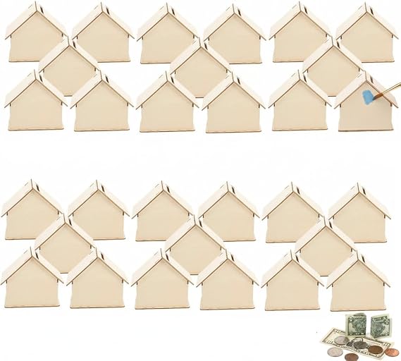 Angoily Piggy Bank, 30Pcs Wooden Unfinished Savings Bank House Money Box for Boys Girls Adults to Saving Money, Tip Jar Cash and Change Container