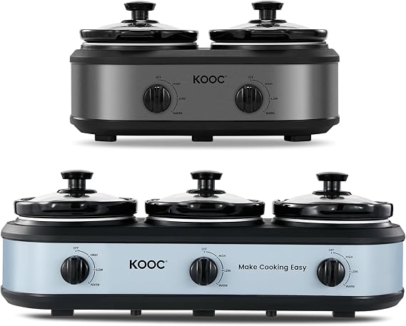 KOOC Double Small Slow Cooker 2x1.25 Quart Individual Temp Control, Grey, Round + Triple Slow Cooker Buffet Server 3x1.5 Quart Individual Temp Control With Lid Rests & Spoons Blue Grey