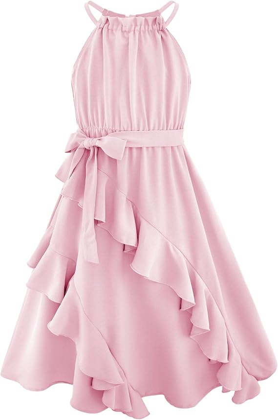 Girls Dresses Tween Halter Tie Back Tiered Ruffle A-Line Flowy Dress Summer Sleeveless Sundress Size 5-14 Years