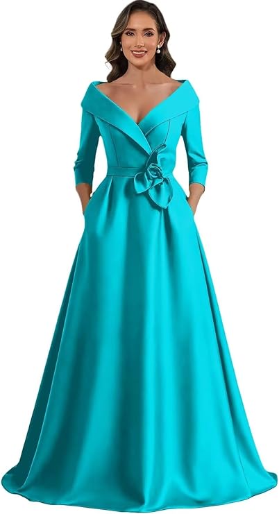 Satin Mother of The Groom Dresses for Women 3D Flower Off The Shoulder Mother of Bride Dresses with Pocket