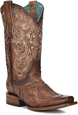Corral Ladies Ld Brown Horseshoe Overlay & Embroidery & Crystals Sq. Toe, Square Toe, Leather Sole, 11 Shaft, Cowhide Leather, Western Boot, Brown Z5136 Size 9