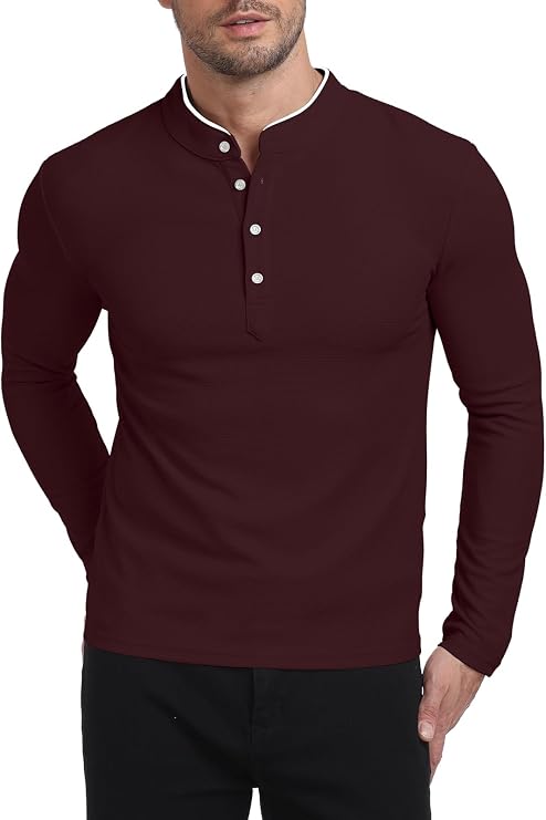 KUYIGO Men's Long Sleeve Slim Fit Mandarin Polo Shirts Waffle Casual Tops