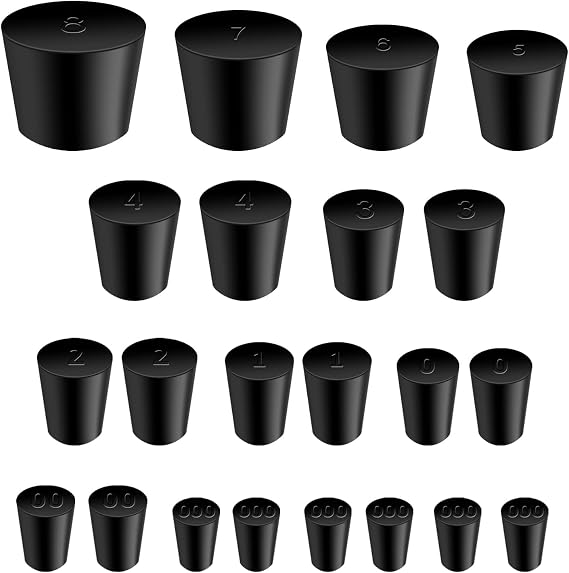 22 PCS Set of Black Solid Rubber Stoppers (11 Assorted Sizes) 000#8# Tapered Lab Plugs for Sealing
