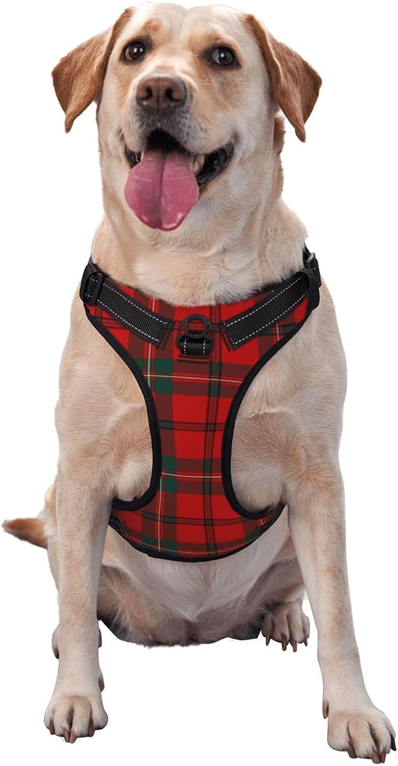 Dog Harness No Pull, Scott Clan Bright Red and Forest Green Tartan Adjustable Reflective Breathable Oxford Soft Vest for Small Medium Large Dogs Training Walking Pet Harness Medium
