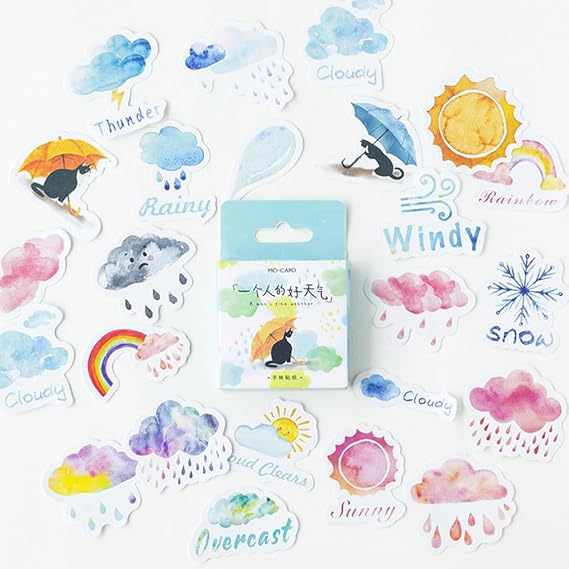Small Weather Stickers, Obujopal 46Pcs Cute Rainy Sunny Snow Cloudy Stickers for Scrapbooking Journaling Planners Laptop Diary Planner Collage Envelope Phone Case Art Crafts DIY Decoration