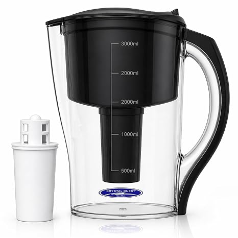 Crystal Quest Water Filter Pitcher - 12-Cup Capacity, 6-Stage Filtration, Includes 1 Long-Life Filter, BPA Free, Meets NSF Standard 42 - Filter Upto 2000 Gallons - Standard (Smart)/Black