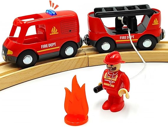 Magnetic Trains Cars Set Wooden Train Track Accessories Fire Truck Train Set for Toddlers 3-5 Wooden Train Sets for Boys Ages 3-4-7 (Fire Truck B (with Light and Sound))