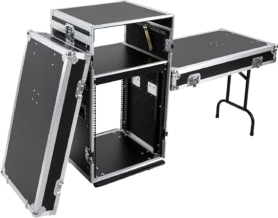 14U PA DJ Rack, Heavy Duty DJ Work Table and Casters, 14-Space ATA CaseNetwork & Stereo Rack with 4 Wheels, Pro Tour Grade