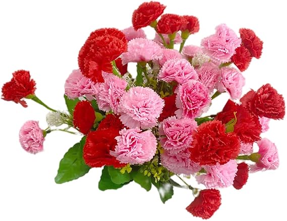 4 pcs Carnations Artificial Flowers Stems,Pink&Red Bouquet and Green Leaf | 14 inch Silk Flower for Home Party,Bridal Wedding Flowers Vase Filling Desktop Decoration with 12 Per Bunch Flower