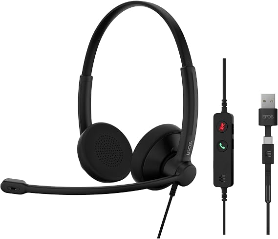 EPOS Impact 100 UC Stereo USB-C+A Headset with Microphone, Universal Communications, Noise-Cancelling Mic, Lightweight, Call Control, USB Adapter, Soft Earpads, Professional Business Use