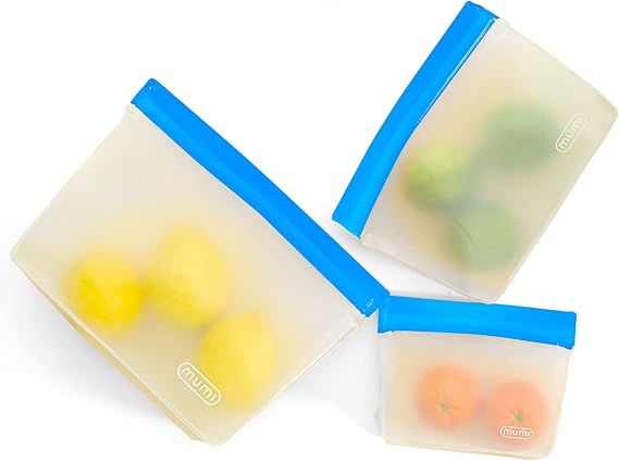 MUMI Piccolo Reusable Silicone Zip Up Bags - Set of 3, BPA-Free, Blue | Airtight silicone bags for food storage, freezer, snacks, travel and meal prep; leak-resistant and reusable