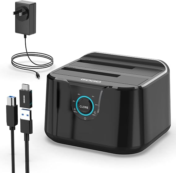 GODO USB 3.0 to SATA III Mini Dual Bay External Hard Drive Docking Station for 2.5/3.5 inch HDD SSD,Support Offline Clone,Hot Pluggable,with USB C Adapter,UASP