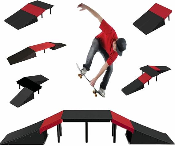 The Magic Toy Shop Skate Ramp Set - 6 Assembly Variations, Red &amp; Black, Anti Slip, Modular &amp; T-Lock System, Easy Setup - Outdoor Adventure for Kids with Bikes, Scooters, Skateboards, RC Cars