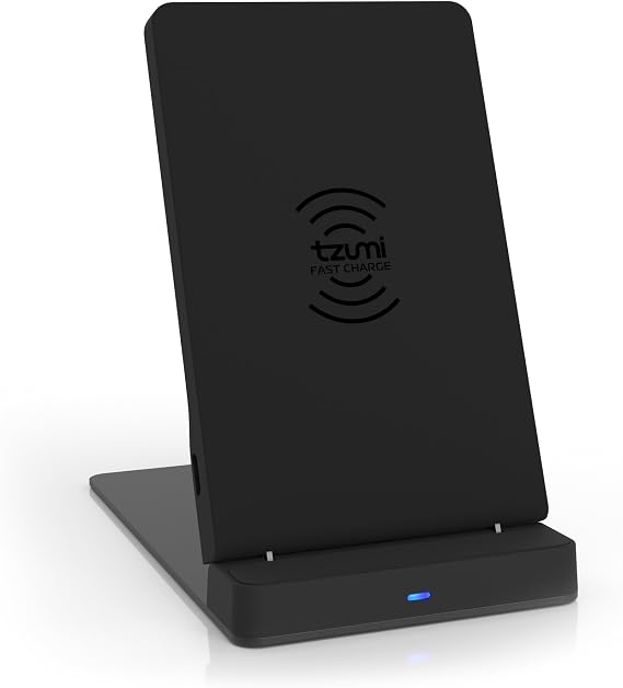 tzumi Multi-Angle Folding Desktop Wireless Charging Pad Qi Fast Wireless Charger for iPhone X, iPhone 8 and 8+ and Android Qi Devices with Dual Coils. Charges w/USB Cable, AC Adapter Not Included.