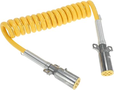 7 Way Coiled Electrical Power Trailer Cord Wire Male Plug Trailer Extension Cable for Semi Trucks Tractors 15 Feet Yellow Zinc Alloy