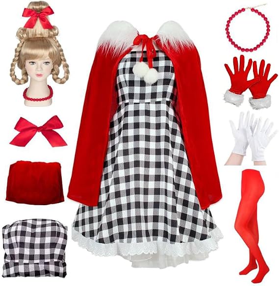 Pigmiss 8PCS Cindy Costume Women Adult Houndstooth Dress with Cindy Wig Cape Halloween Christmas Cosplay Accessories