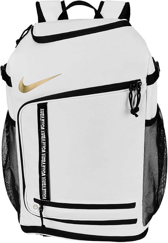 Nike Volleyball Backpack, White/Black/Metallic Gold, One Size Fits Most | 32L volleyball backpack with ventilated shoe compartment, ball-carrier pouch, and internal 15-inch laptop sleeve