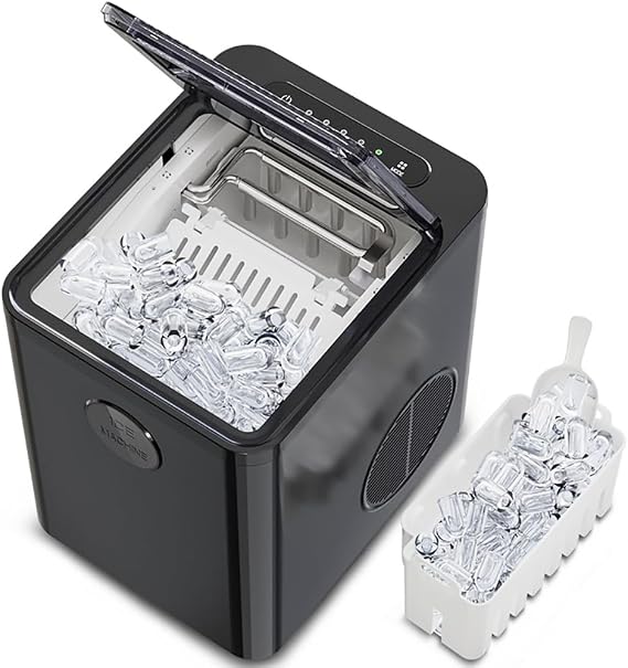 Countertop Nugget Ice Maker, 9 PCS/6Mins Compact Ice Machine, 2 Size Ice Cube, Self Cleaning, for Home Bar, Kitchen Countertop, RV, Apartment, Camping, Office black