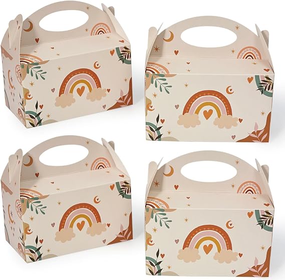 12 Pcs Small Party Treat Boxes, 6 Inch Candy Cookie Goodie Gift Bags Gable Box for Kids Birthday Party, Boho Rainbow